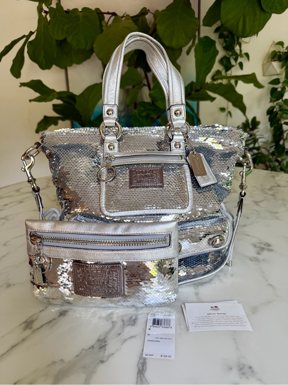 NWT Coach Poppy Sequin Spotlight Tote Shoulder Bag & Clutch Set 13821 Silver Y2K
